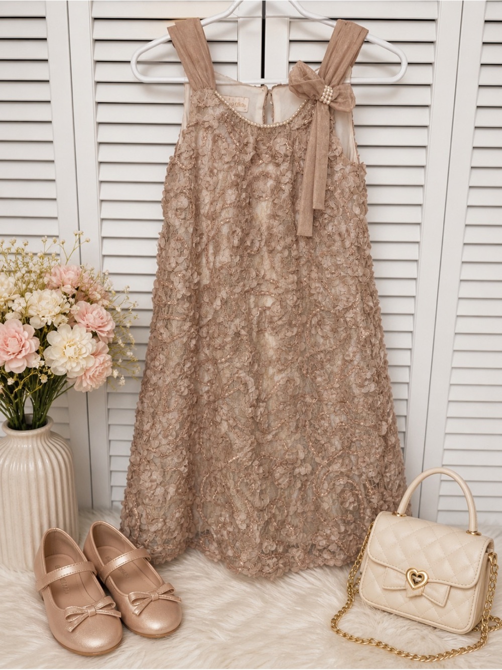 Girls Sleeveless champagne Beige Floral Party Dress Pearls Bow Zoe Ltd 12
